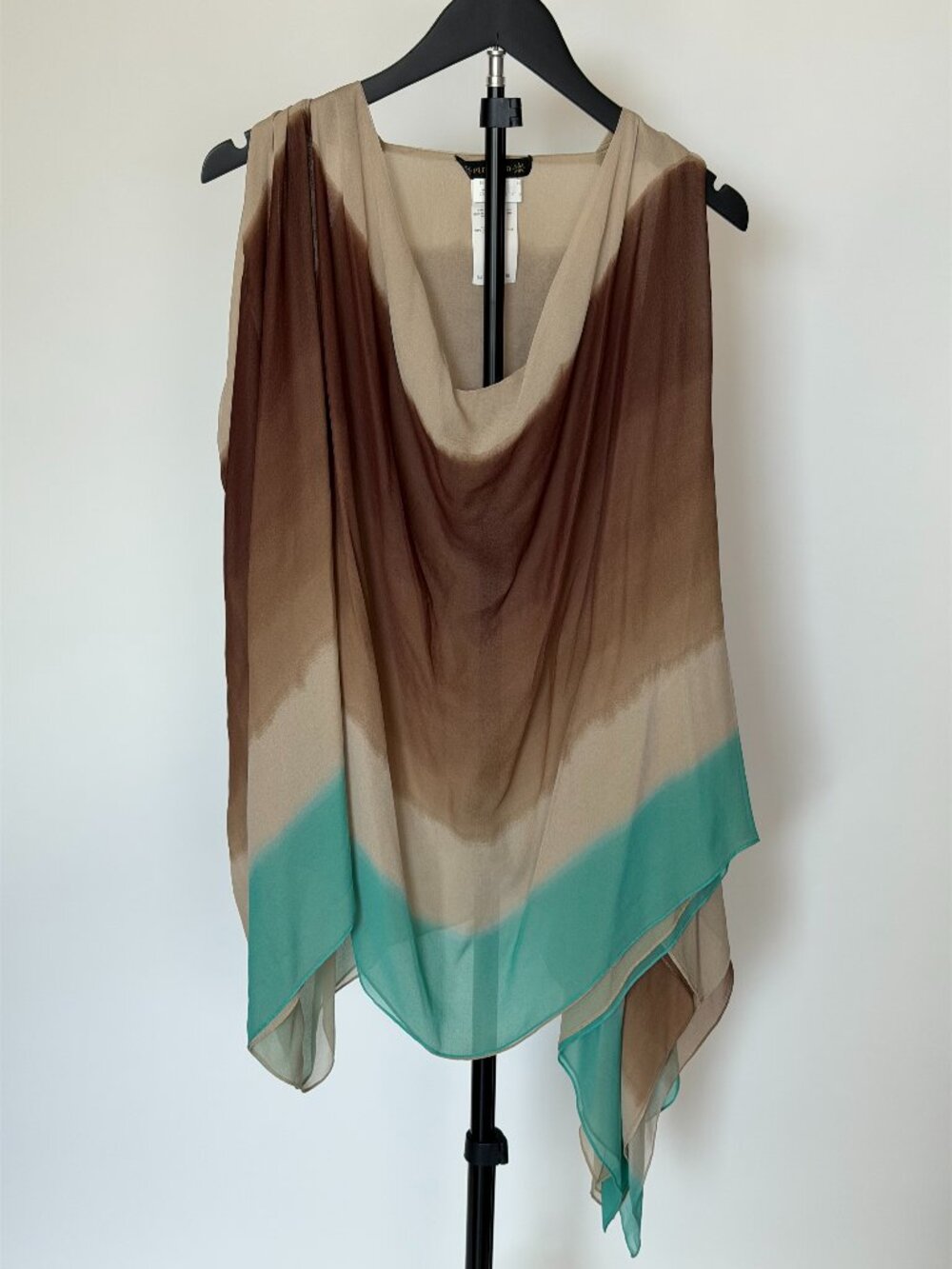 Pleione Brown Beige Turquoise Ombre Draped Sleeveless Blouse